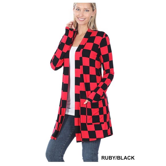 Red & Black Buffalo Print Duster with Pockets Long Thigh Length Check Print - Picture 3 of 4